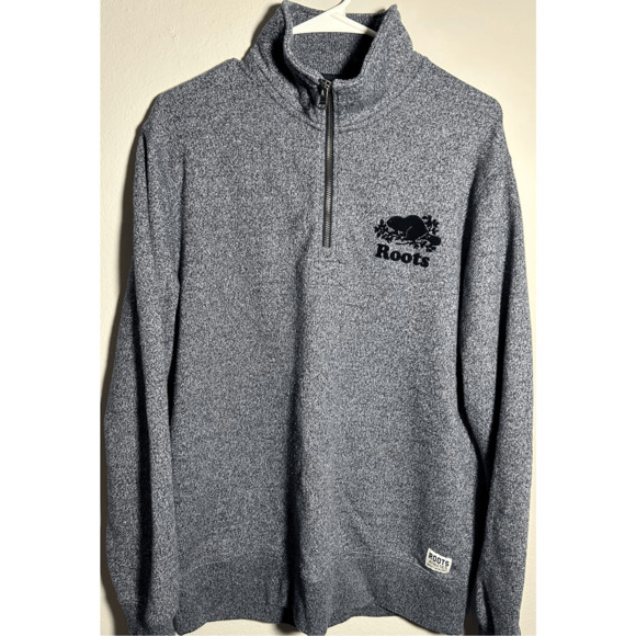 Roots Canada Men’s Gray 1/4 Zip Fuzzy Beaver Logo Sweater Jacket Sz Lg - Picture 2 of 9